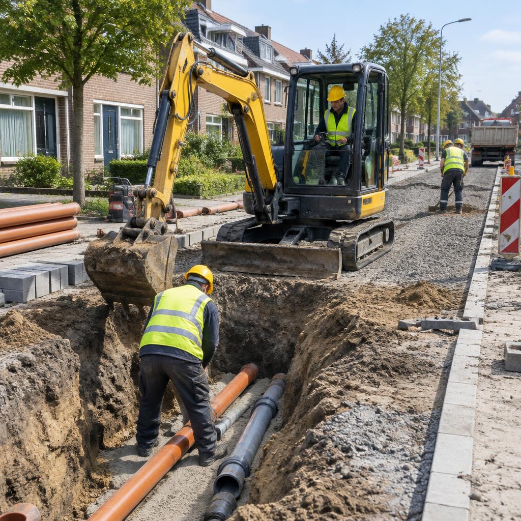 Graafmachine aan het werk tijdens infra- en grondwerkzaamheden in een woonstraat
