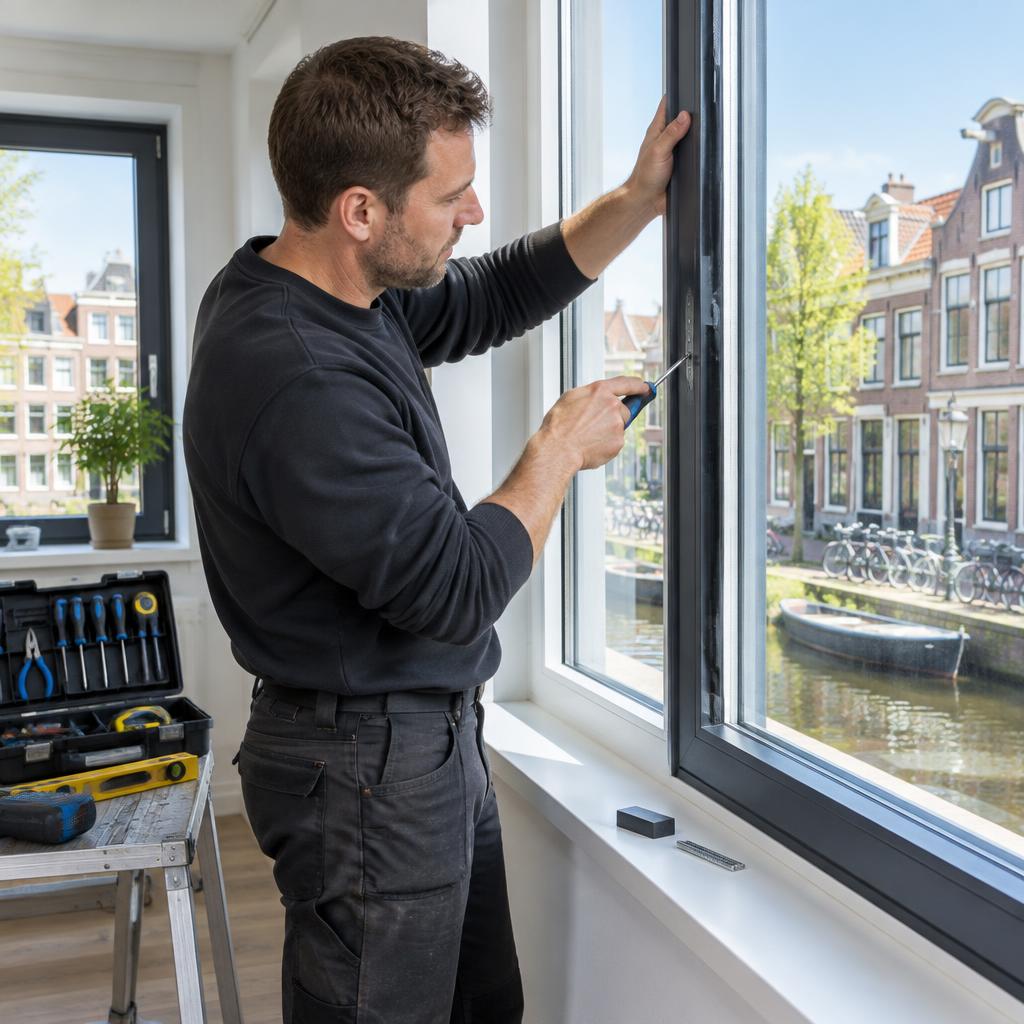 Vakman past een kozijn aan tijdens onderhoudswerk in een woning