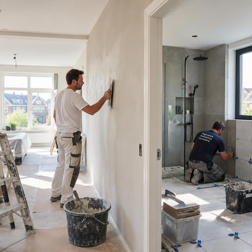 Vakman stucwerk aan het afwerken in een woning tijdens een renovatie
